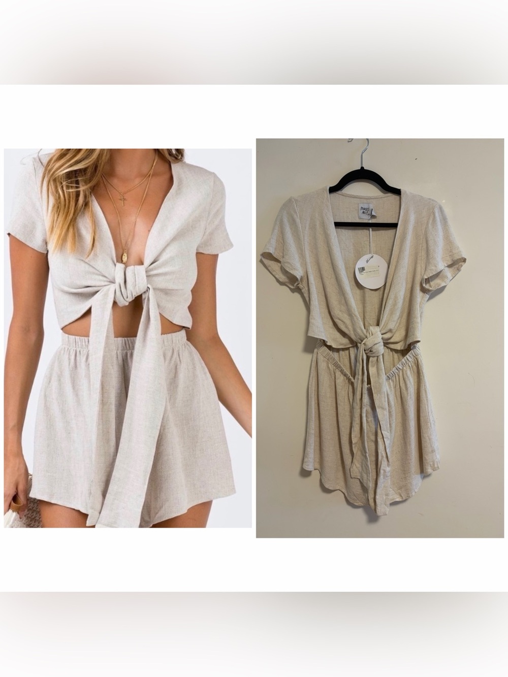 Princess Polly Ragnar Tie Front Linen Romper Beige NWT US 6